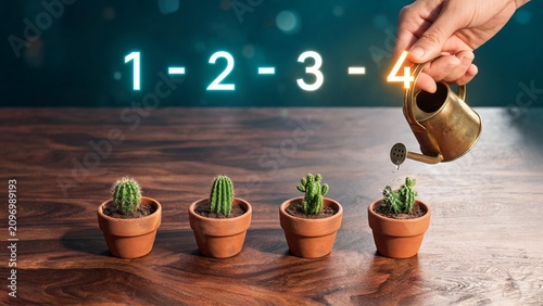 Hand watering cactus plants in terracotta pots with glowing numbers above growth stages business growth concept
