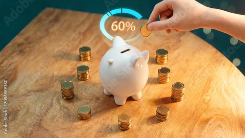 Hand placing coin into white piggy bank with 60 percent progress indicator financial savings goal concept