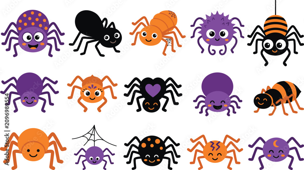 Obraz premium Happy Holloween Set of cute colorful cartoon spiders for halloween celebration collection Vector