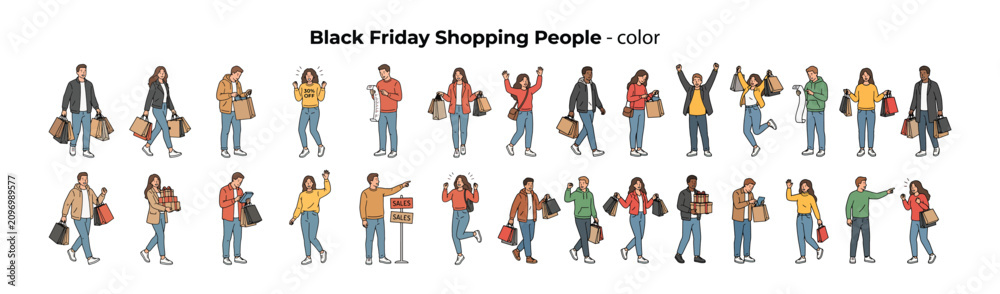 Fototapeta premium Black Friday Shopping People Color Illustration – Excited Shoppers with Sale Bags