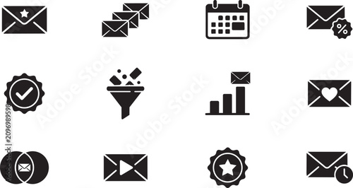 Black email, marketing, and productivity icons set, 12 symbols, vector graphics