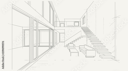 Architectural line sketch of a modern interior design blueprint perspective showing stairs and living room furniture