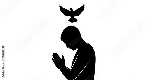 Obraz na plátně Silhouette of a man praying with a dove flying above.