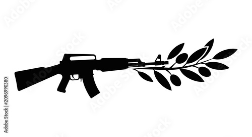 Foto Black silhouette of an assault rifle with an olive branch symbol of peace and war