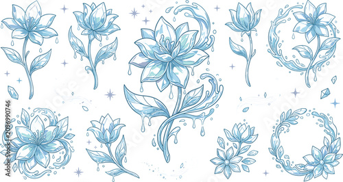 Crystal Lotus Flower Illustration Collection Featuring Frozen Floral Blooms Water Splash Ice Petals and Elegant Fantasy Vector Set