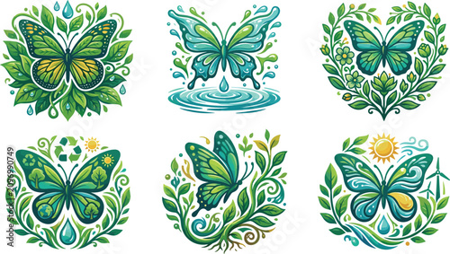 Eco Butterfly Nature Logo Collection Featuring Green Leaves Water Conservation Sustainability Floral Wreaths and Environmental Emblems Vector