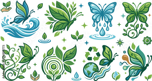 Eco Nature Butterfly Logo Collection Featuring Green Leaves Water Waves Sustainability Environmental Symbols and Organic Branding Vector Set