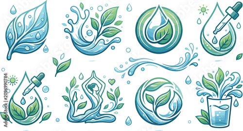 Eco Skincare and Natural Wellness Logo Collection Featuring Water Drops Botanical Leaves Sustainability and Organic Beauty Vector Set