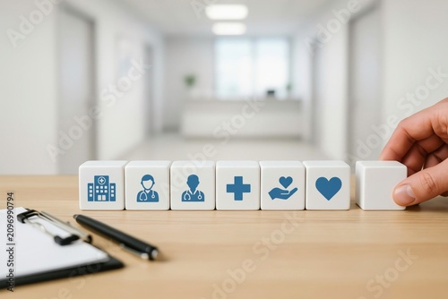 Hand placing a wooden block with medical healthcare icons on a desk