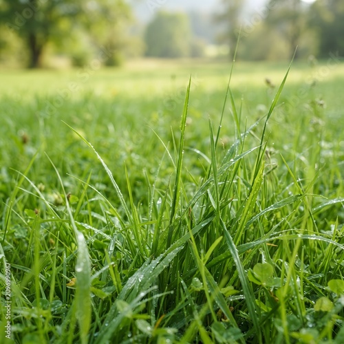 Close-up of fresh green grass with morning dew. Vibrant lawn texture for natural outdoor backgrounds and landscaping projects.