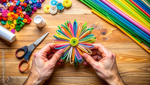 Colorful Plastic Straw Flower Craft DIY on Wooden Table with Hands, Creative Kids Art and Recycling Project