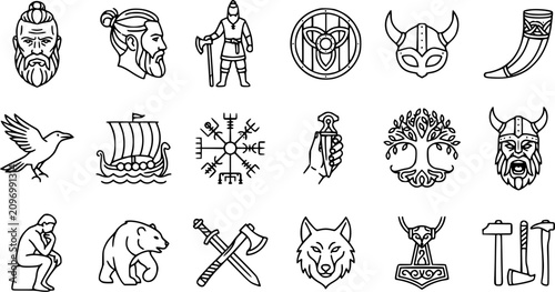 Photos Viking Icons Black and White Line Art - Norse Mythology Symbols  Warriors