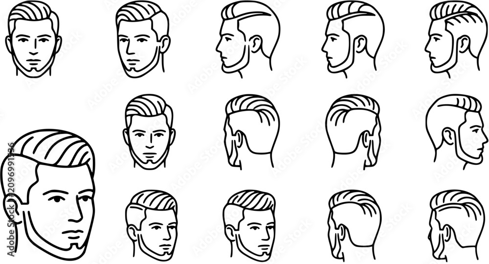 Fototapeta premium Men's Hairstyles and Beards Line Art Icons Collection. Outline Vector Illustrations of Male Haircuts and Grooming Styles for Barbershop and Fashion Design.