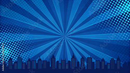 Panoramic city skyline silhouette with sunburst texture, halftone