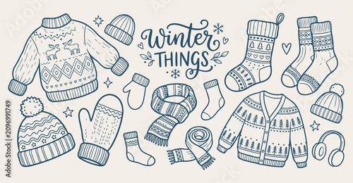 Bild auf Leinwand Cozy winter things doodle background, holiday celebration line art pattern, cold