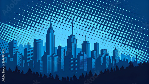 Abstract city skyline illustration with halftone sky pattern