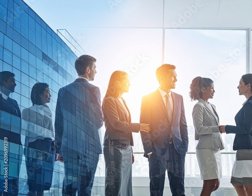 Double exposure image of many business people conference group meeting on city office building in background showing partnership success of business deal. Concept of teamwork, trust and agreement.