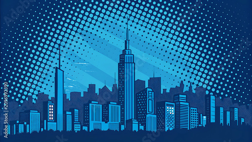 Urban cityscape graphic design with blue halftone sunburst