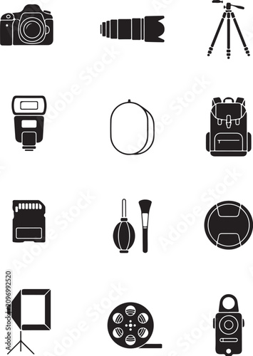 Schilderij op canvas Photography equipment icons set, professional camera gear and studio accessories