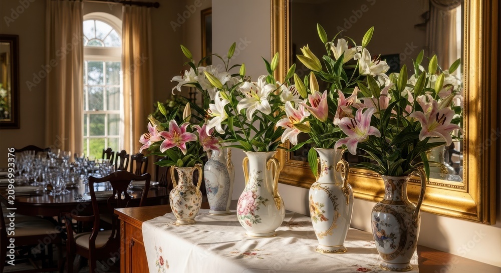 Fototapeta premium Ornate Vases Displaying Elegant Lilies on a Table