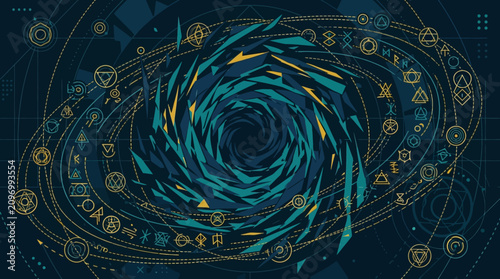Abstract Cosmic Vortex with Golden Sacred Geometry Runes and Portal