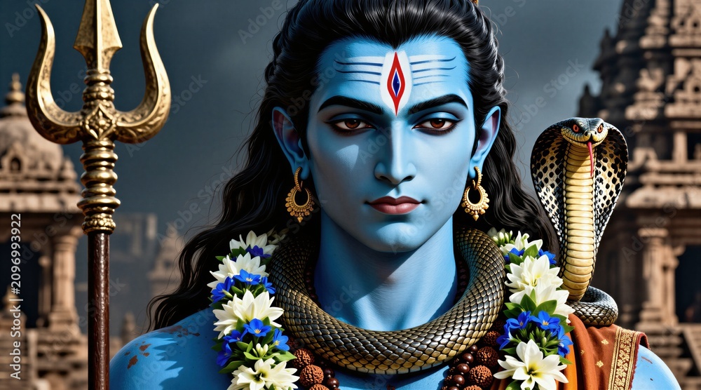 Obraz premium Hindu god Shiva with blue skin, third eye mark on forehead. Male deity holds golden trident, cobra snake around neck. Traditional mala beads, floral garland adorn shoulders. Portrait against ancient