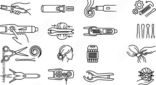 Foto Hairdressing Salon Hair Styling Tools, Accessories, and Hairstyles Line Art Icons