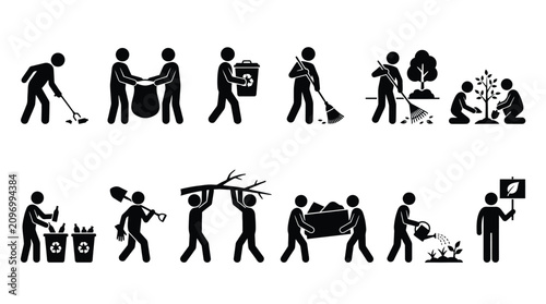 Cuadro en lienzo Set of stick figure icons depicting environmental protection, community cleanup,