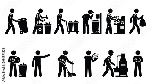 Obraz na plátně Set of stick figure icons representing waste management, recycling, cleaning, an
