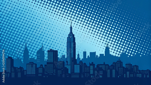 Abstract city skyline silhouette with halftone dot pattern