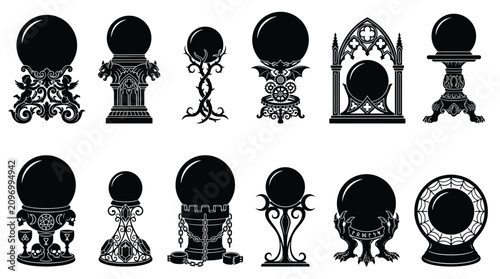 Photos Set of crystal balls on various stands, magical spheres for fortune telling, div