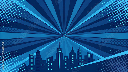 Comic book style cityscape illustration with sunburst background