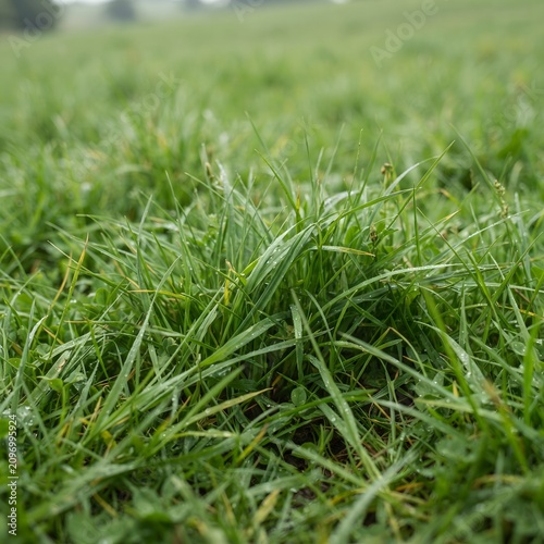 Close-up of fresh green grass blades in natural sunlight. Vibrant lawn texture with dew drops for outdoor landscaping projects.