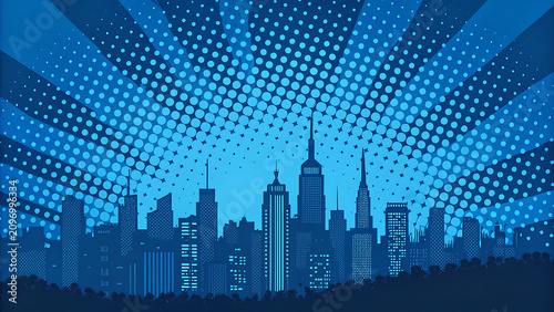 Blue comic style cityscape with halftone sky halftone building