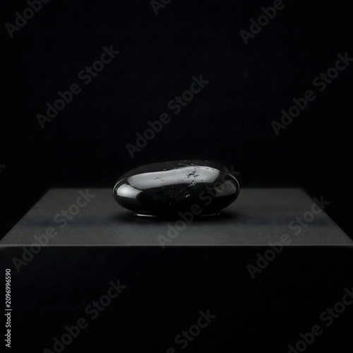 Close-up of a single dark egg on black surface. Minimalist still life with glossy organic texture for modern design projects.