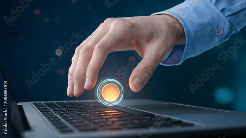 Hand pressing glowing futuristic button on laptop keyboard representing digital innovation and technology interaction