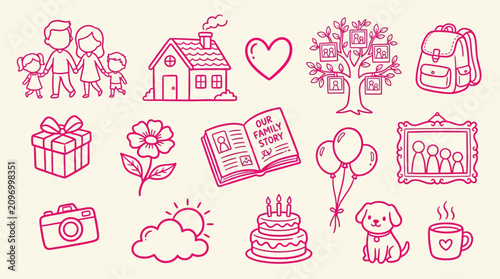 Quadro su tela A collection of hand-drawn icons representing family, home, and cherished moments in a simple, charming style