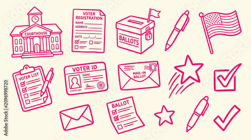 Obraz na plátně Collection of hand-drawn icons representing voting and elections, including a courthouse, ballot box, and voter ID