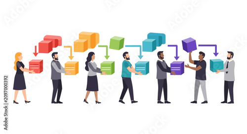 Business Workflow and Supply Chain Management Concept with Diverse Professional Team Handling Logistics and Distribution Processes Illustration