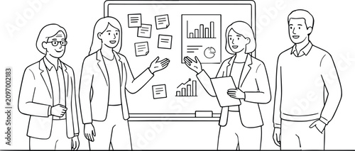 Business people in office discussing project strategy with sticky notes and charts on whiteboard vector line art illustration.