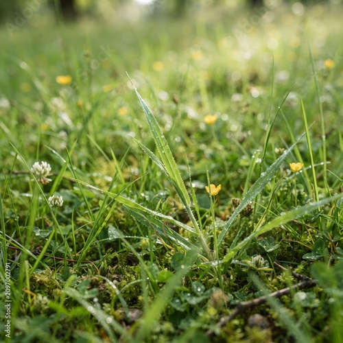 Close-up of fresh green grass with morning dew. Vibrant lawn texture with water droplets for natural beauty and landscaping projects.
