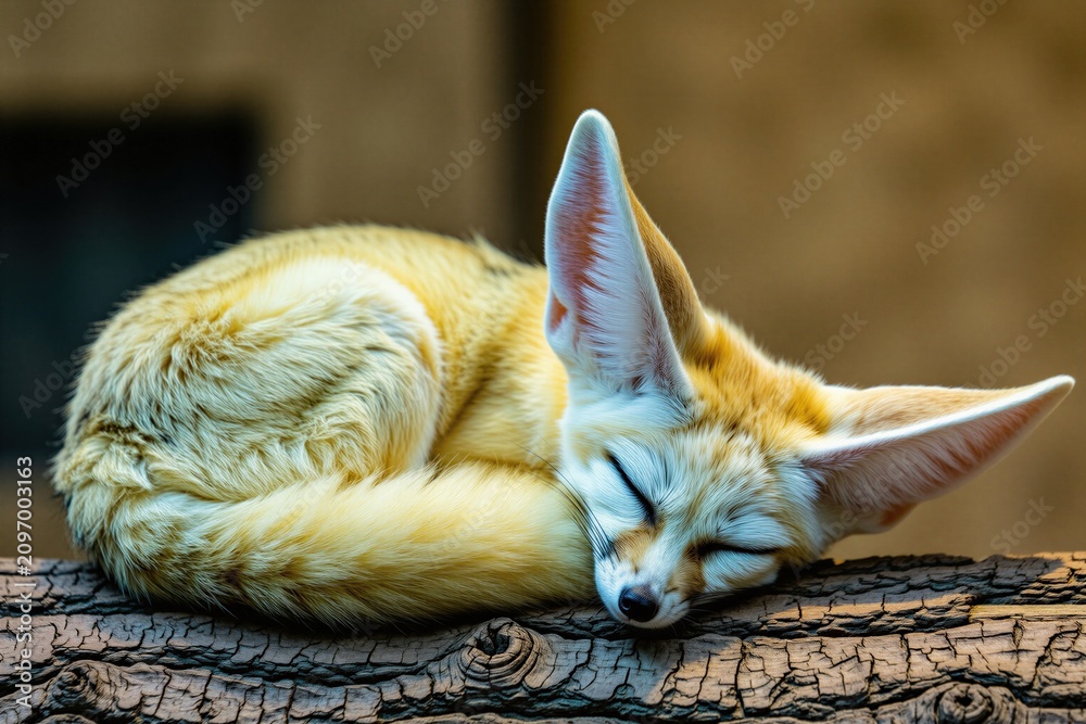 Fototapeta premium Small fennec fox slepic curled up on a rough wood log. This desert animal has big ears and soft fluffy fur, resting peacefully in its habitat.