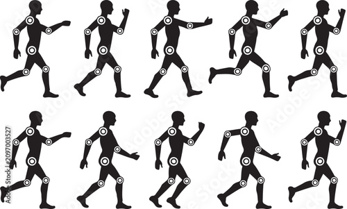 Принти на полотні Humanoid robot silhouettes demonstrating walking cycle positions on a white back