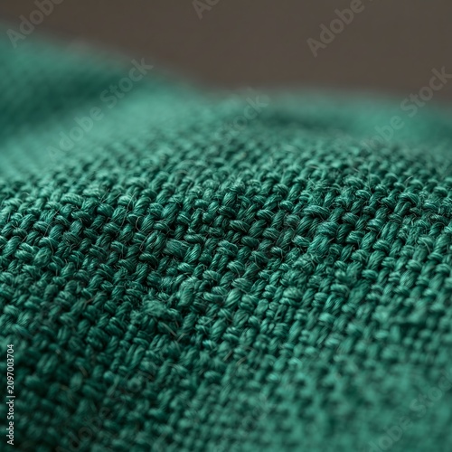 Close-up of dark teal textured fabric with intricate weave pattern. Luxurious emerald green woven material for high-end fashion and design projects