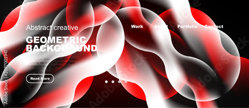 Abstract red, white design. Fluid shapes create dynamic background. Text elem...