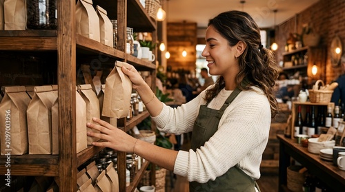 Smiling woman working in a coffee shop organizing paper bags on a shelf