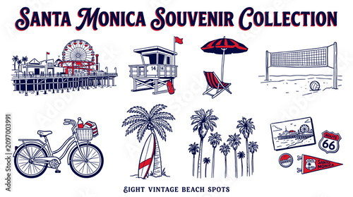 Santa Monica vintage beach souvenir collection featuring pier, lifeguard tower, and palm trees, retro hand-drawn vector icons for t-shirt design.