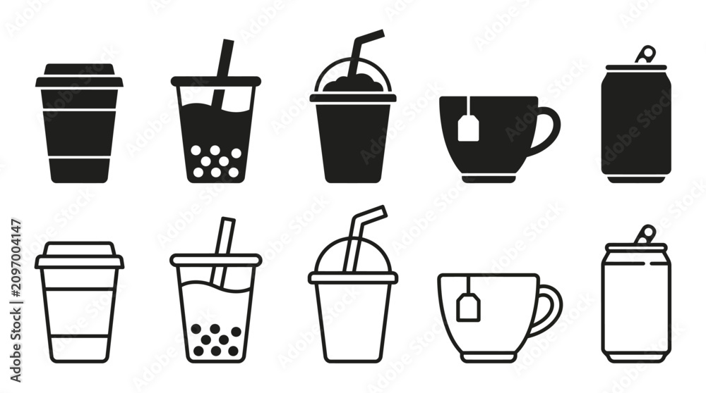 Obraz premium Coffee and Tea Beverage Vector Icons Set – Minimalist Drink Container Illustrations