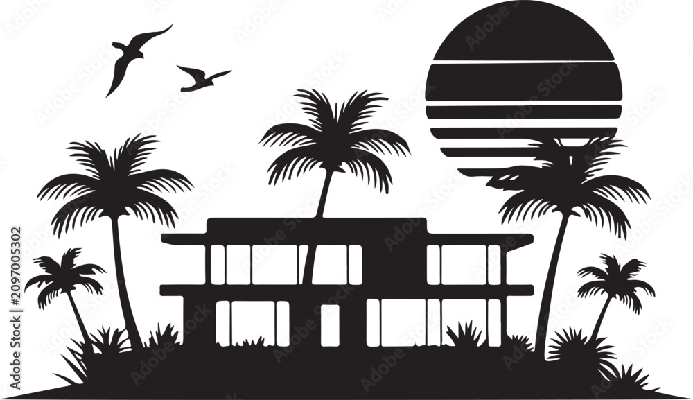 Obraz premium Miami House With Palm Trees And Sun Black Silhouette Vector