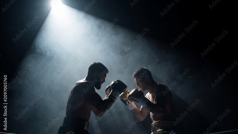 Fototapeta premium Intense boxing match between two male fighters in dark arena with dramatic spotlight